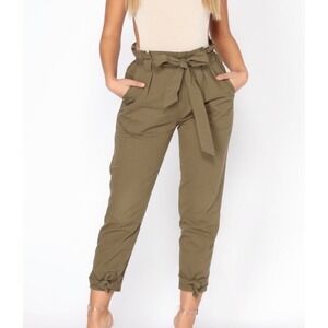Fashion Nova Paperback Waist Pants Womens Medium Green Ankle Ties Pockets Belted